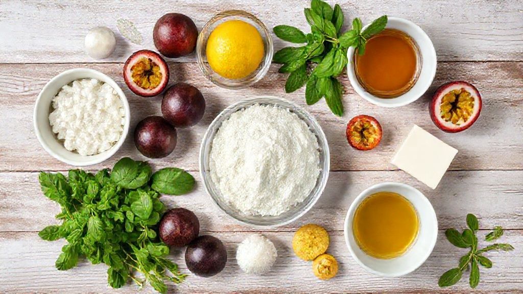 Ingredientes dispostos de forma organizada sobre bancada, incluindo leite condensado, creme de leite, biscoitos e suco de maracujá