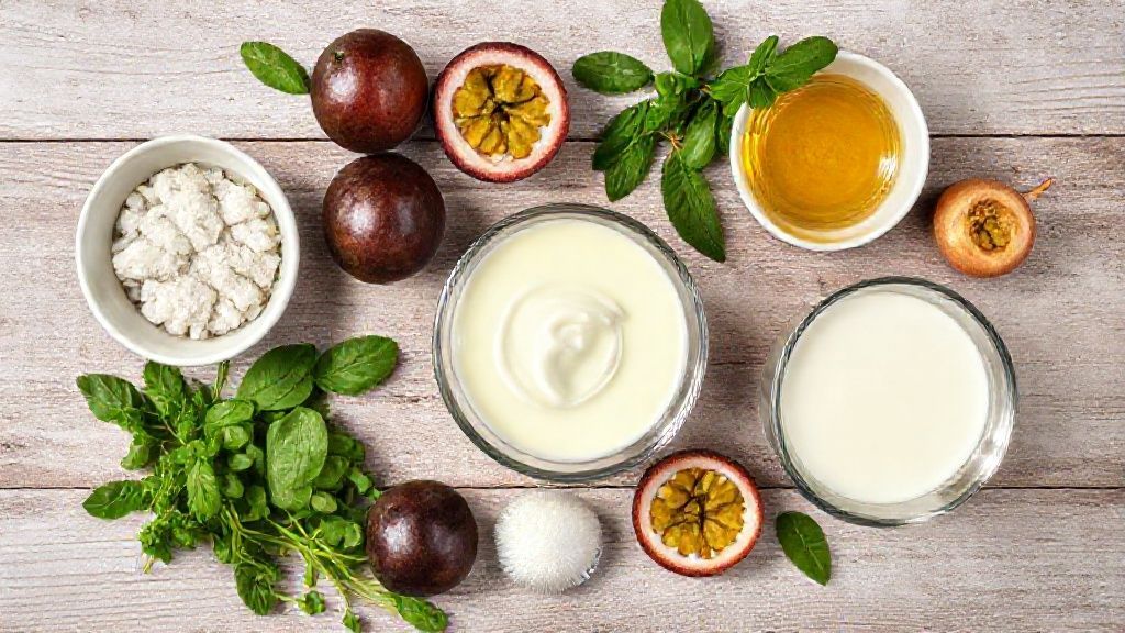 Visão de cima dos ingredientes — gelatina de maracujá e leite quente — organizados em uma bancada