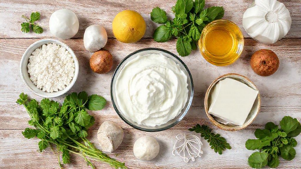 Visão de cima dos ingredientes separados em potes e medidores sobre uma bancada de mármore