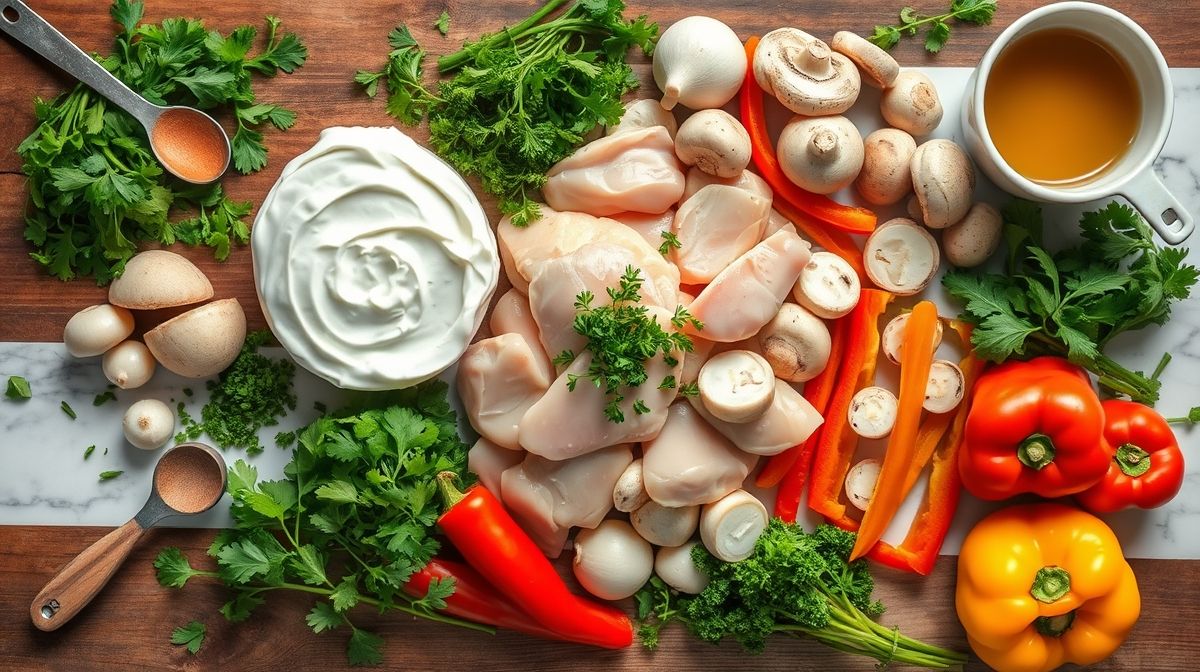 Visão de cima com os ingredientes do strogonoff de frango organizados em uma bancada