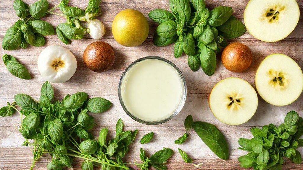 Visão de cima com maçãs verdes, folhas de hortelã e limão organizados sobre bancada de madeira clara.