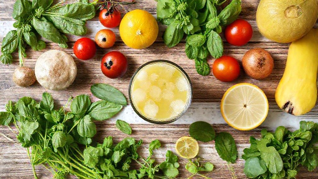 Visão de cima com couve, maçã verde, pepino, abacaxi, chia e limão organizados em uma bancada de madeira