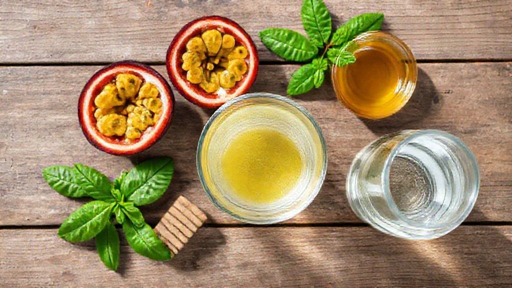 Ingredientes frescos organizados em bancada — maracujás cortados, mel, água gelada e folhas de hortelã.