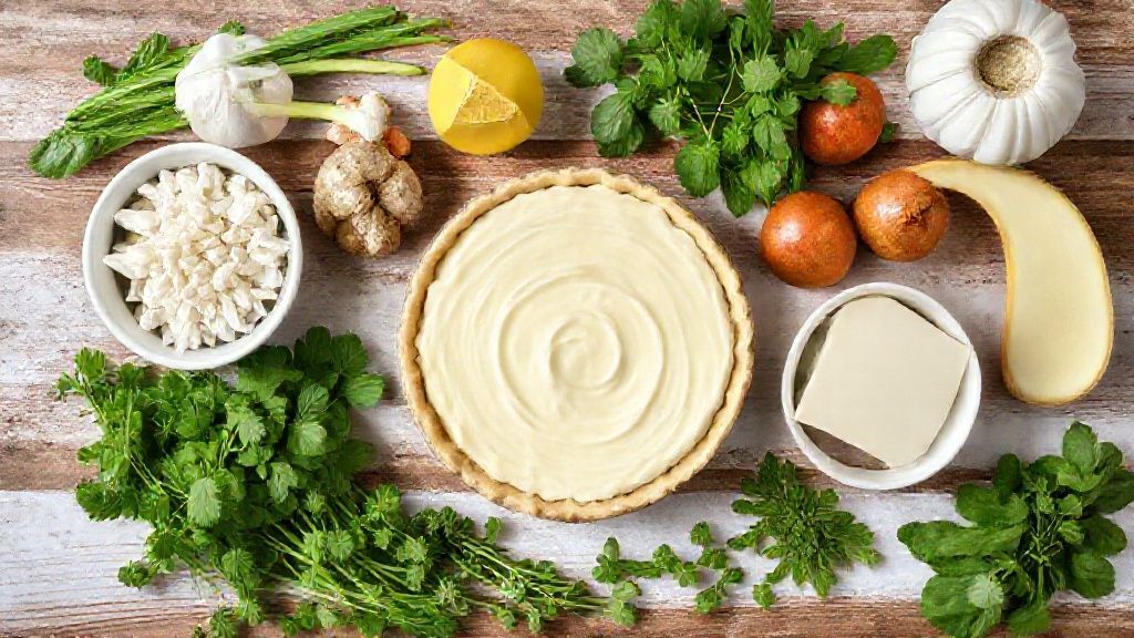 Visão de cima com os ingredientes da receita organizados em uma bancada