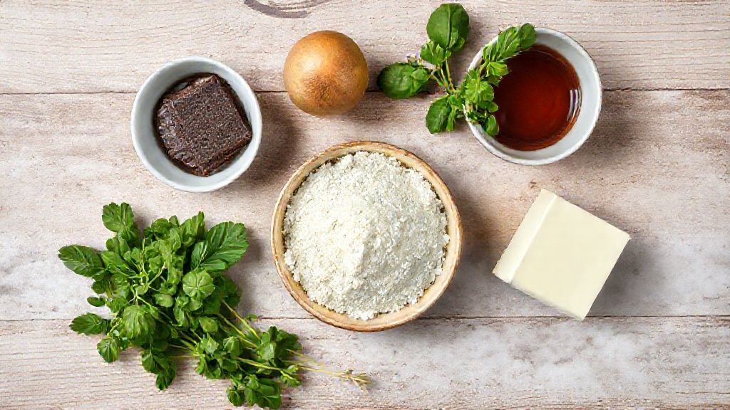 Visão de cima dos ingredientes — chocolate, ovos e manteiga — organizados em superfície de mármore