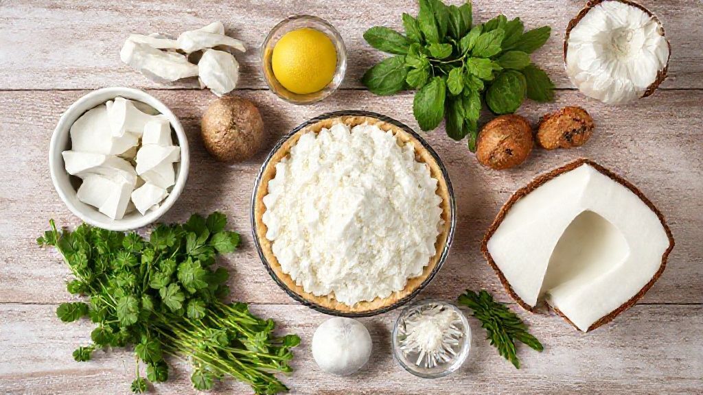 Vista de cima com os ingredientes da torta dos anjos distribuídos em uma superfície de mármore