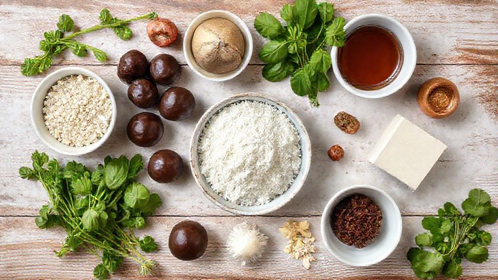 Visão de cima com chocolate picado, creme de leite, manteiga e cacau em uma bancada de madeira