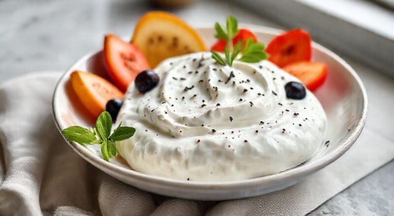 Tigela de iogurte grego caseiro cremoso servida com frutas e mel, com aparência fresca e apetitosa