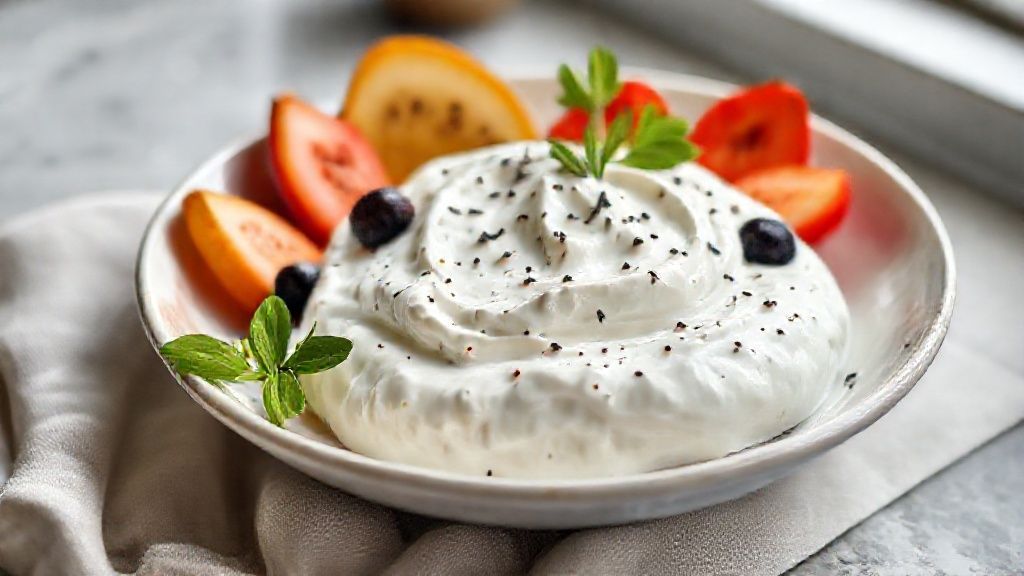 Tigela de iogurte grego caseiro cremoso com frutas frescas e mel, vista de cima