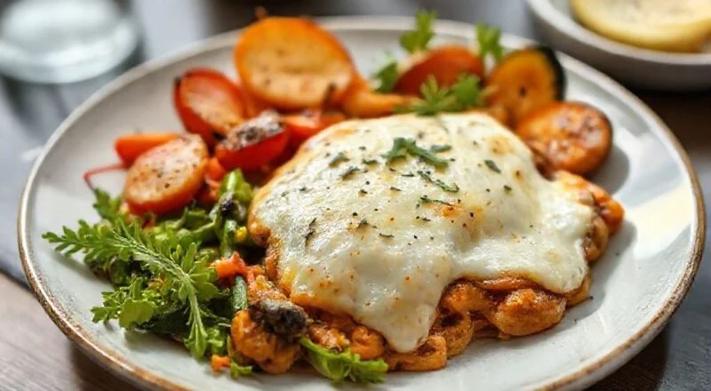 Prato pronto de jantar saudável low carb com legumes e queijo derretido, servido quente e apetitoso