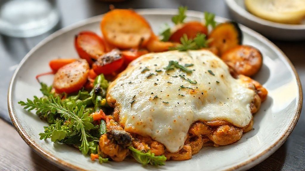 Jantar saudável low carb com legumes e queijo derretido servido quente em prato branco