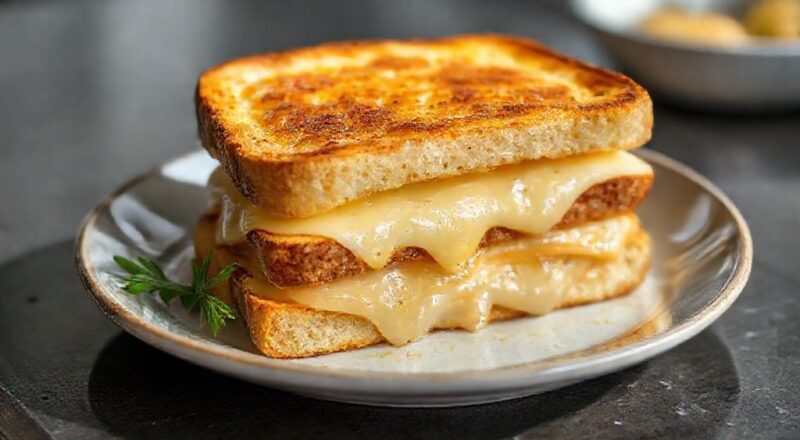 Lanchão de forno 4 queijos dourado, cremoso e gratinado, decorado com tomates e manjericão em travessa.