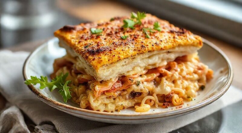 Prato pronto, dourado e recheado com queijo derretido e presunto em camadas, servido ainda quente e apetitoso