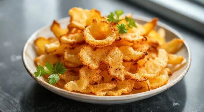 Lascas de polvilho douradas e finas, servidas em uma tigela de madeira, com aparência leve e crocante