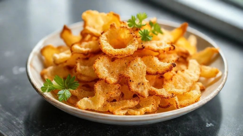 Lascas de polvilho crocantes douradas e finas, servidas em tigela rústica, leves e apetitosas