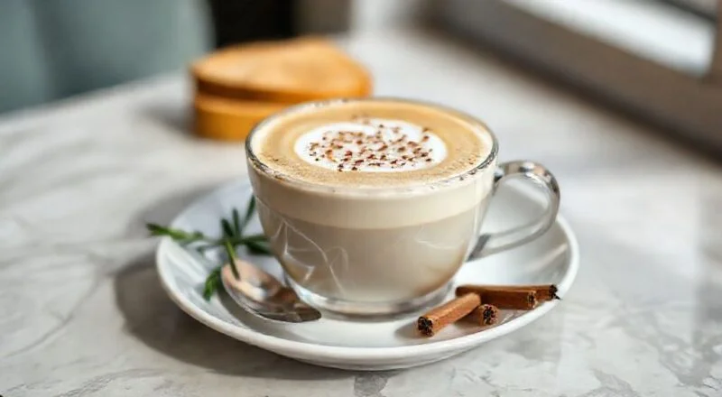 Caneca com latte de baunilha cremoso, coberto com espuma e toque de canela, servida em ambiente acolhedor