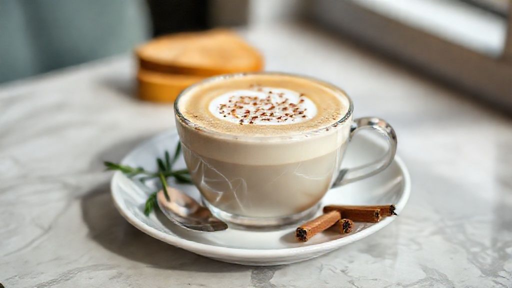 Caneca com latte de baunilha cremoso finalizado com espuma e canela, bebida quente e aromática