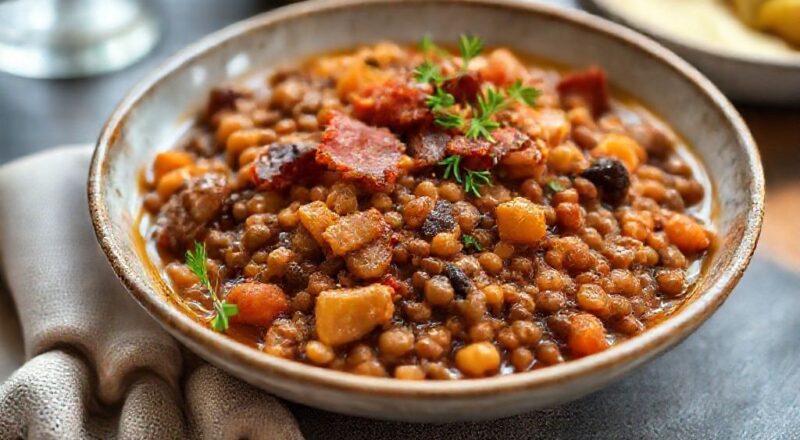 Prato de lentilha para ano novo pronto, com bacon e legumes coloridos, servido em tigela rústica e decorado com cheiro-verde fresco