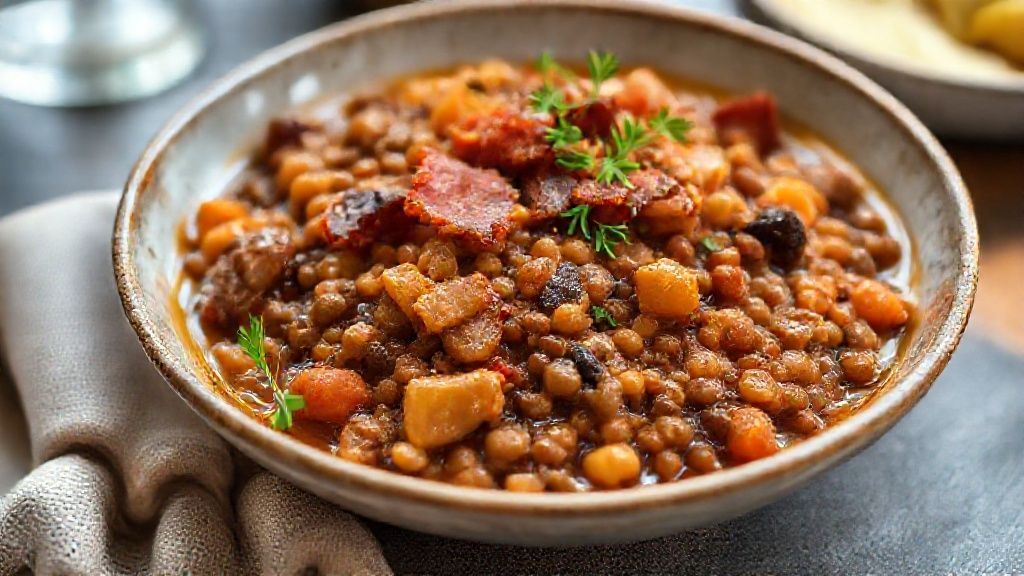 Prato de lentilha para ano novo pronto, decorado com cheiro-verde e pedaços de bacon dourado, servido quente e apetitoso.