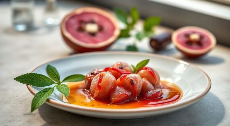 Copo elegante com licor de jabuticaba de coloração roxa brilhante, servido com frutas frescas ao fundo