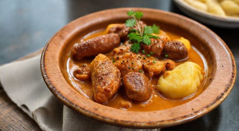 Prato tradicional mineiro servido em panela de barro, com linguiça dourada e mandioca cremosa no caldo grosso