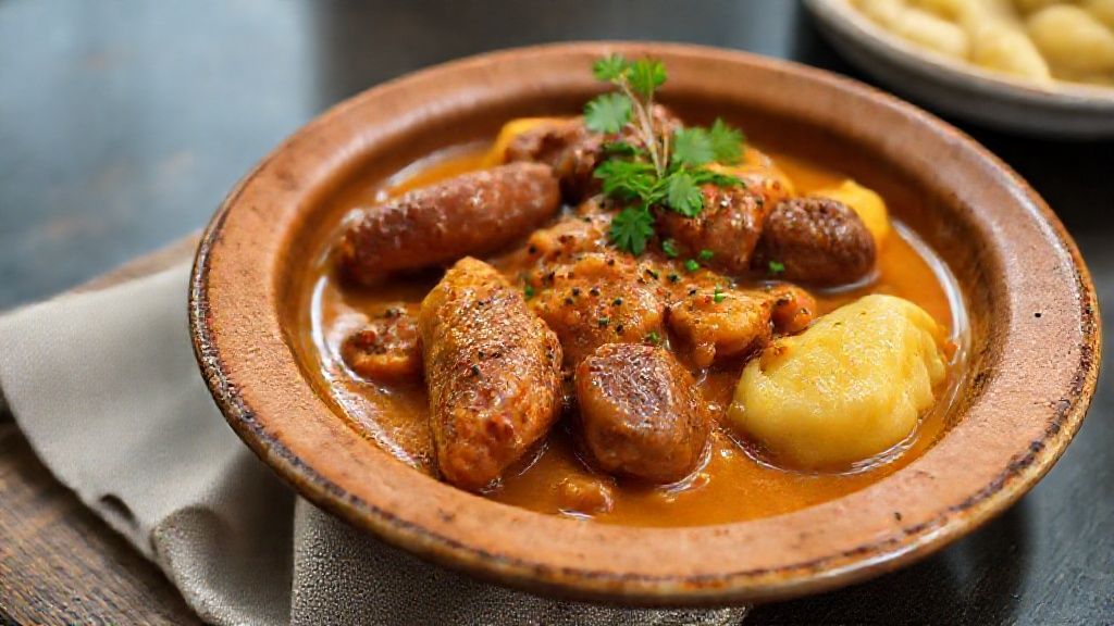 Prato de linguiça atolada mineira com mandioca cremosa e pedaços suculentos de linguiça defumada