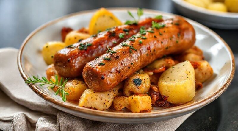 Prato finalizado de linguiça toscana com batatas douradas, ervas frescas e molho leve, servido em prato rústico.