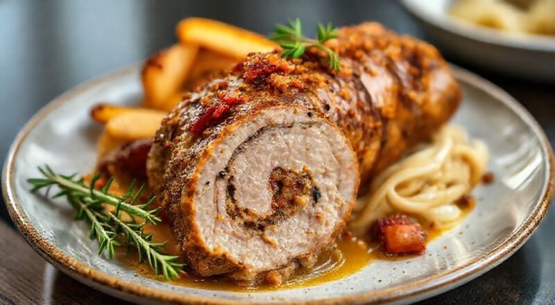 Lombo de porco recheado com farofa crocante e coberto por fatias de bacon dourado, servido fatiado com molho brilhante