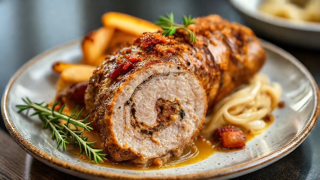 Lombo recheado com farofa e bacon dourado e suculento servido em fatias com molho