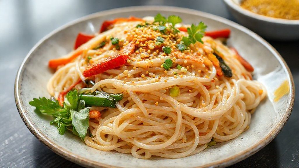 Prato de macarrão de arroz leve com legumes e molho shoyu, adornado com gergelim e cebolinha.