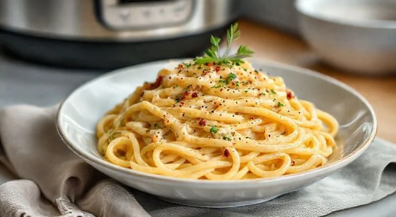 Prato de macarrão cremoso com molho encorpado e pedaços de frango, servido em prato fundo com queijo e manjericão fresco.