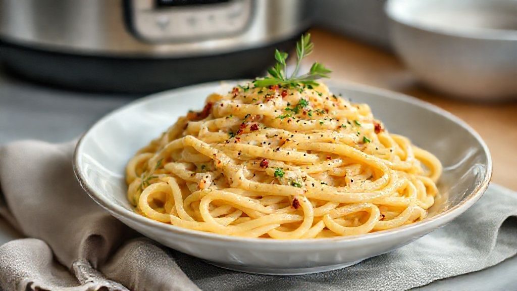 Prato de macarrão na panela de pressão cremoso servido quente, com molho aveludado e queijo derretido