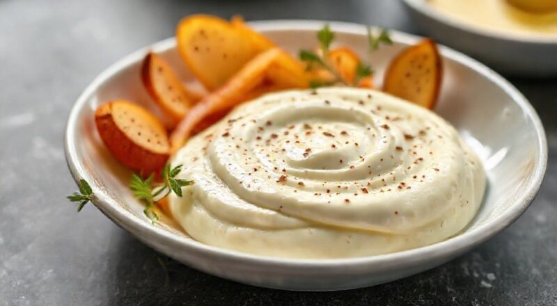 Tigela de maionese temperada sem óleo cremosa, bem apresentada e com textura leve.