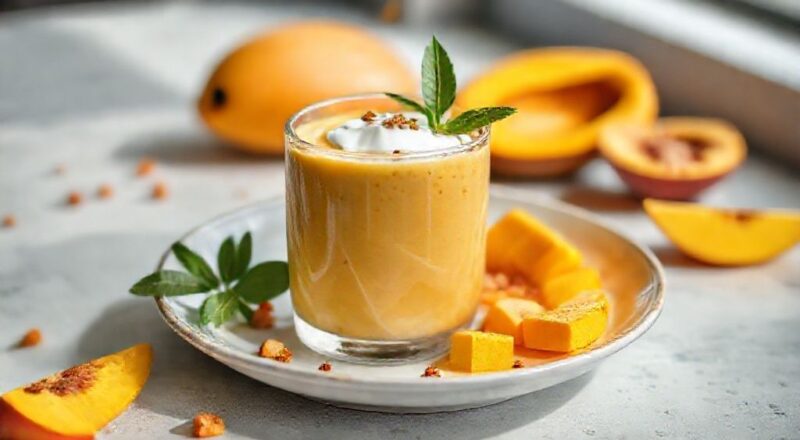 Taça de manga batida com iogurte, cremosa, alaranjada e bem decorada, servida fria com folhas de hortelã e granola.