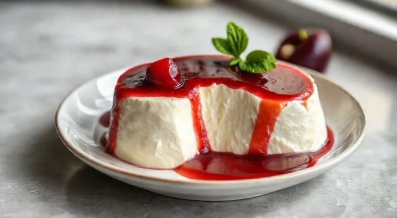 Sobremesa servida em prato branco, manjar firme coberto com calda de ameixa escura e brilhante