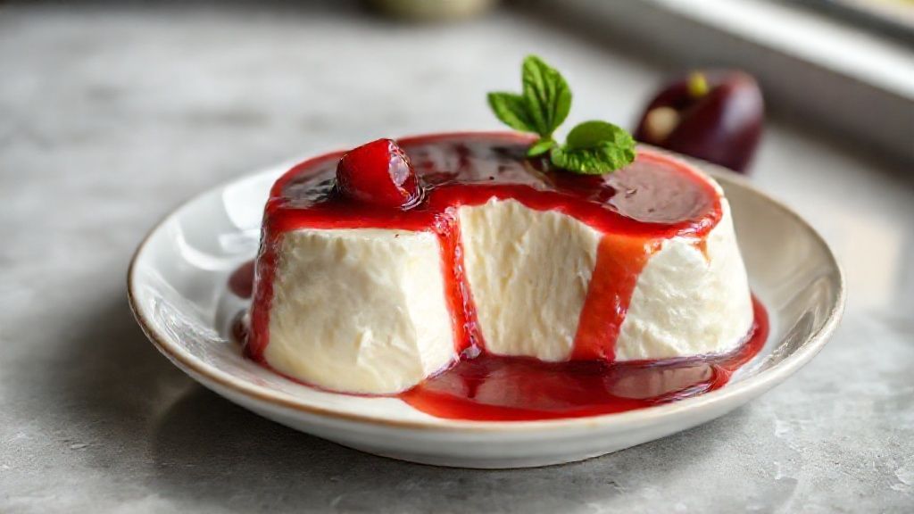 Manjar cremoso com calda de ameixa servido em prato branco com calda brilhante