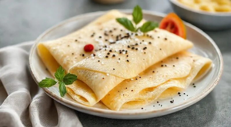 Tapioca pronta e dobrada, com recheio derretendo e servida ao lado de uma xícara de café