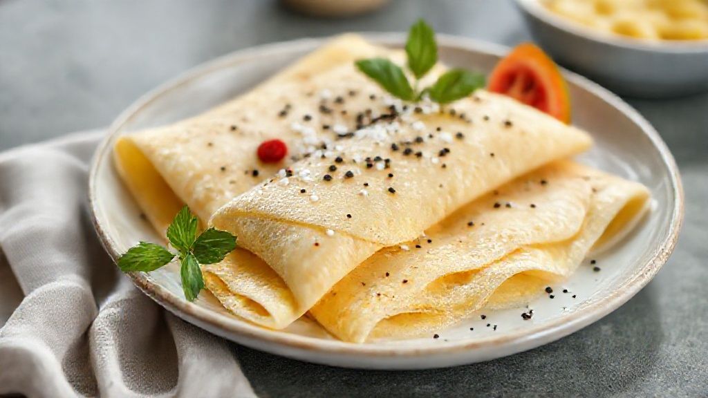 Prato de tapioca pronta com recheio e café ao lado, mostrando a textura leve da massa de tapioca simples