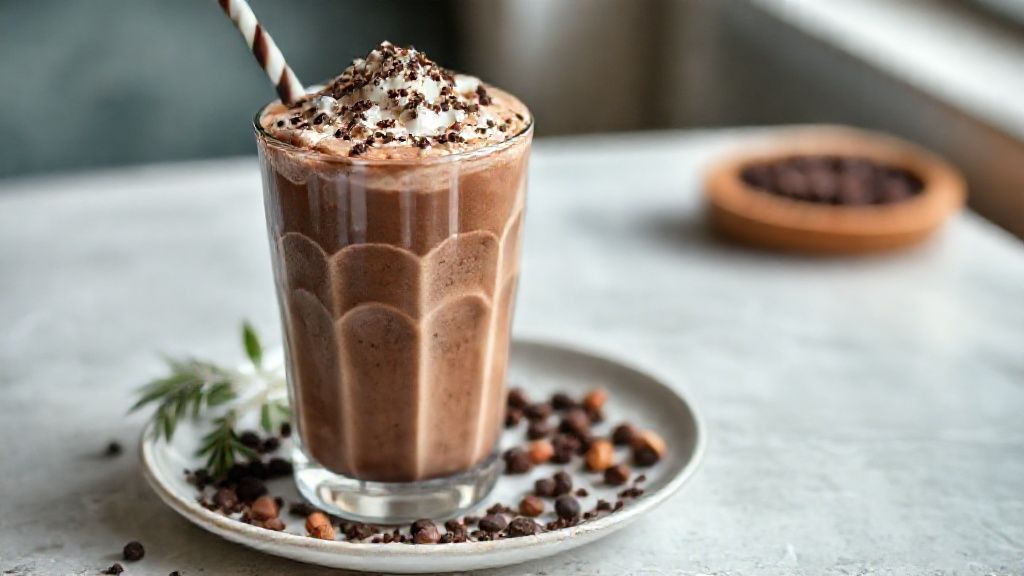 Milkshake de chocolate cremoso servido em copo alto com chantilly e calda de chocolate, sobremesa gelada deliciosa