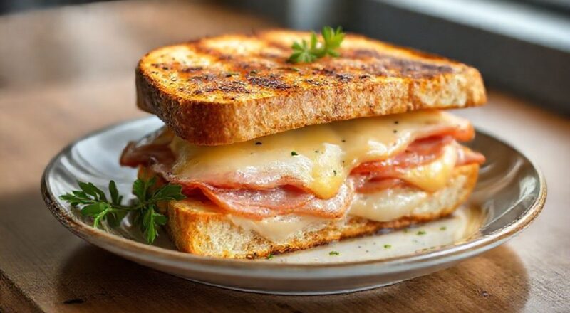 Sanduíche misto quente com pão dourado e queijo derretendo, servido ainda quente e crocante
