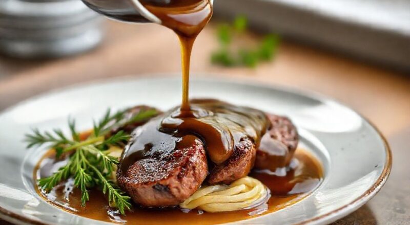 Molho madeira servido sobre medalhão de filé mignon, com cor rica e brilho apetitoso