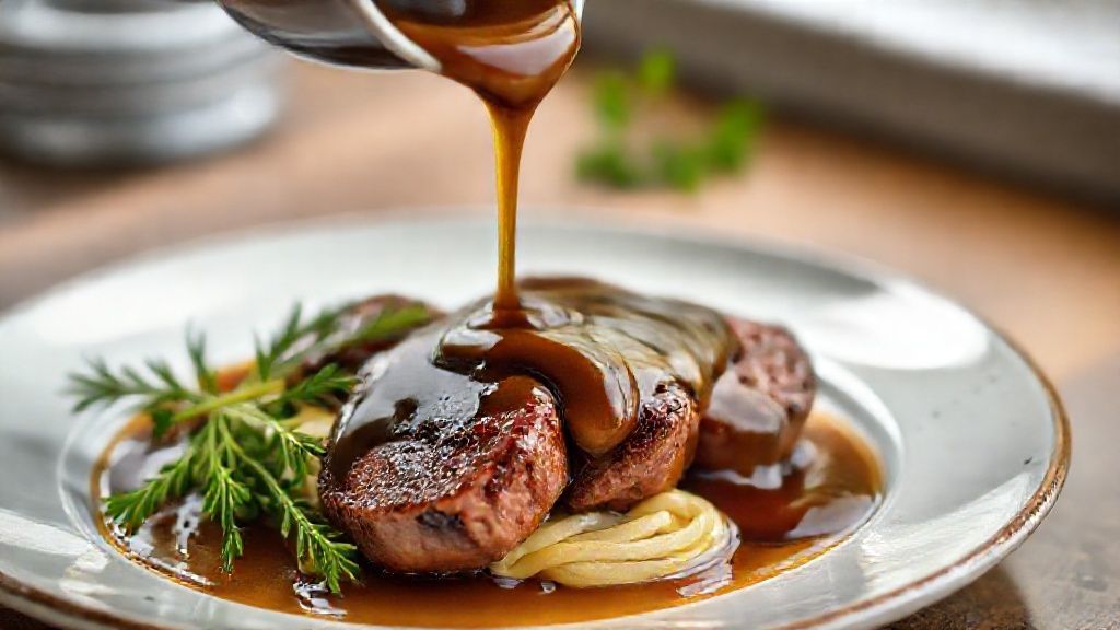 Molho madeira caseiro servido sobre filé mignon grelhado com brilho e textura cremosa