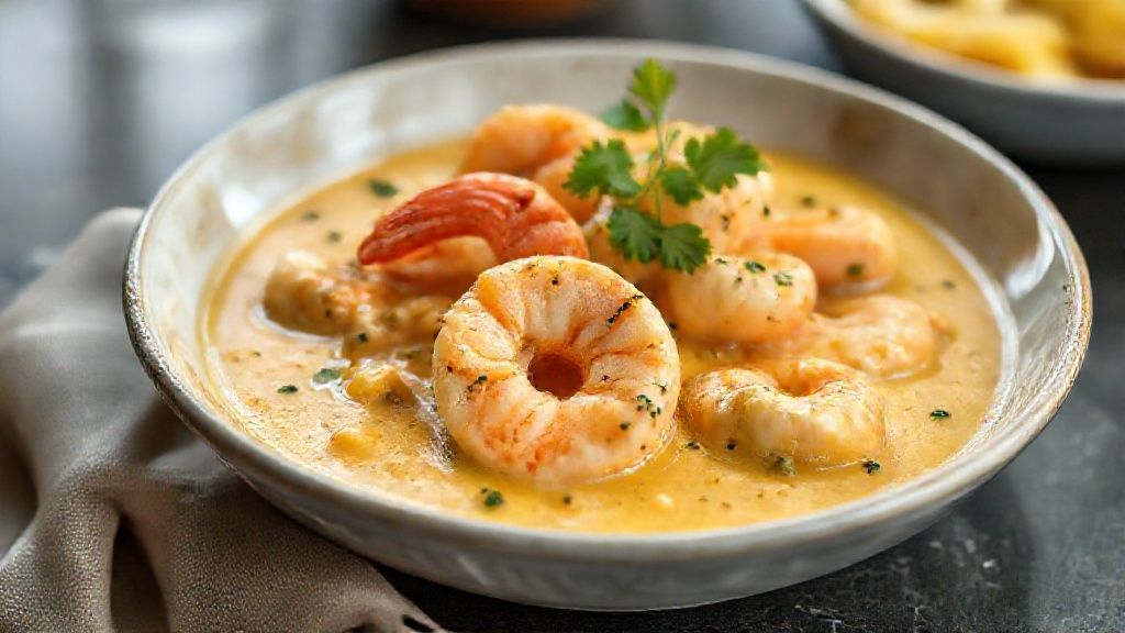 Moqueca de camarão cremosa servida em panela de barro com arroz branco, prato tropical brasileiro apetitoso