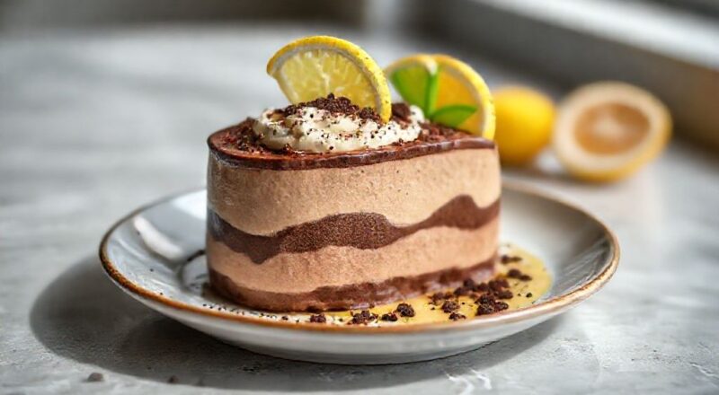 Taça elegante com camadas de mousse de chocolate e limão, textura cremosa e decoração com raspas de limão.
