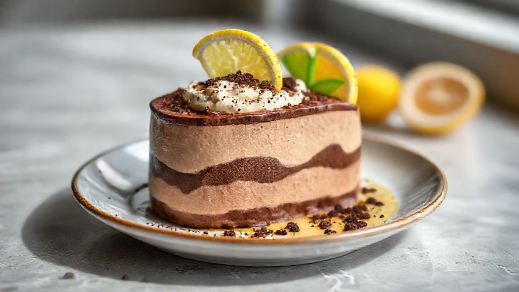 Taça de mousse de chocolate e limão com camadas cremosas decoradas com raspas cítricas