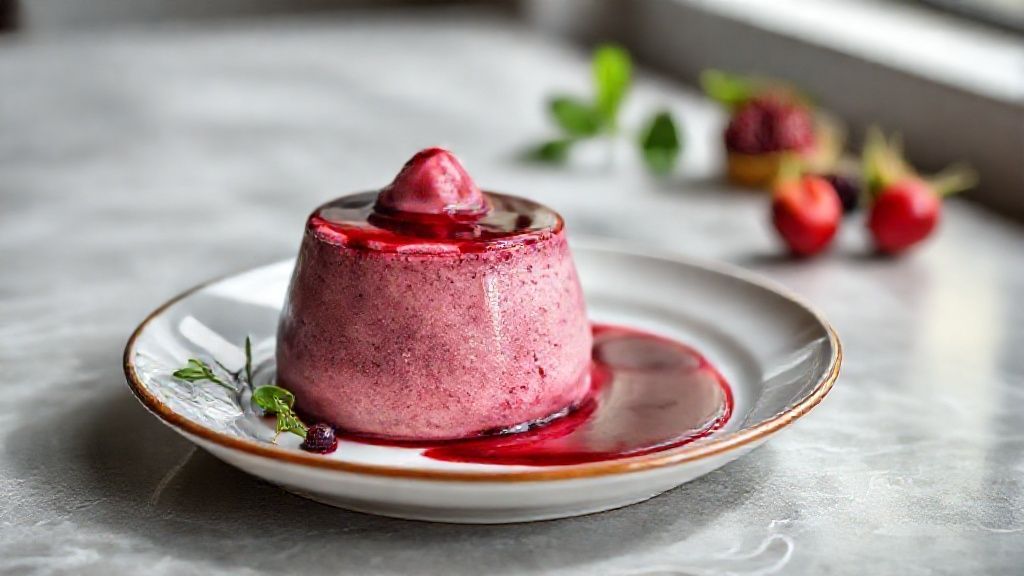 Taça de mousse de vinho suave cremosa, com calda roxa brilhante e textura leve pronta para servir.
