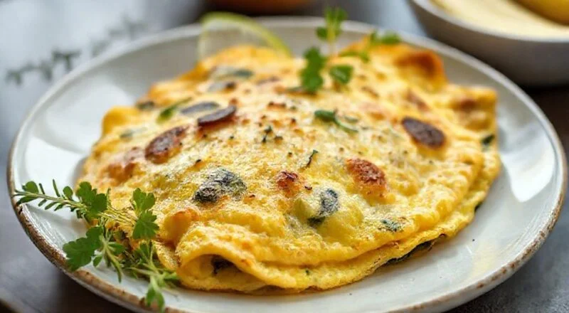 Omelete dourada, fofa e bem servida com salada ao lado em prato branco elegante