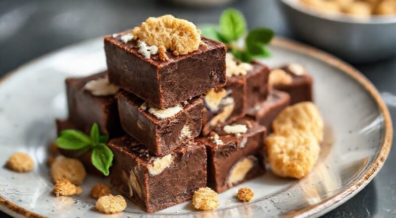 Quadradinhos de palha italiana de chocolate sobre prato branco, polvilhados com açúcar, textura cremosa e crocante