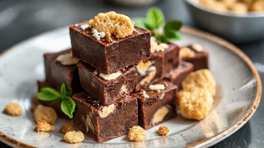 Quadradinhos de palha italiana de chocolate polvilhados com açúcar, prontos para servir em sobremesa deliciosa