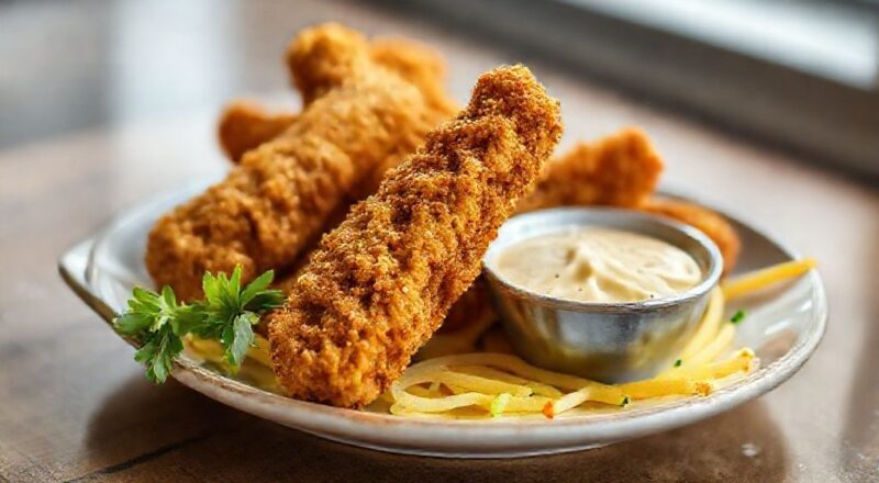 Petiscos de frango dourados e crocantes servidos em uma travessa, acompanhados por molhos